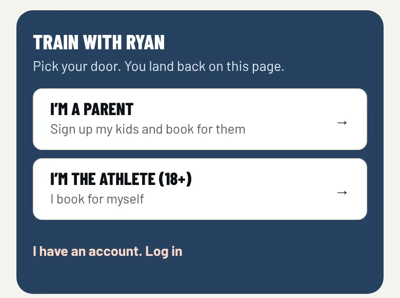 The two sign-up choices on a coach's page: I'm a parent, or I'm the athlete, 18 and up